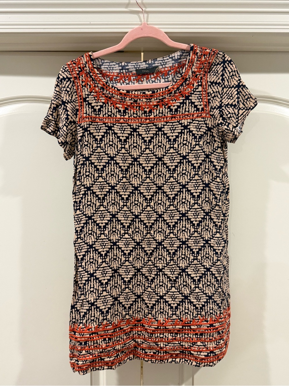 THML Navy and Cream Patterned Short Sleeve Tunic with Coral/orange Trim